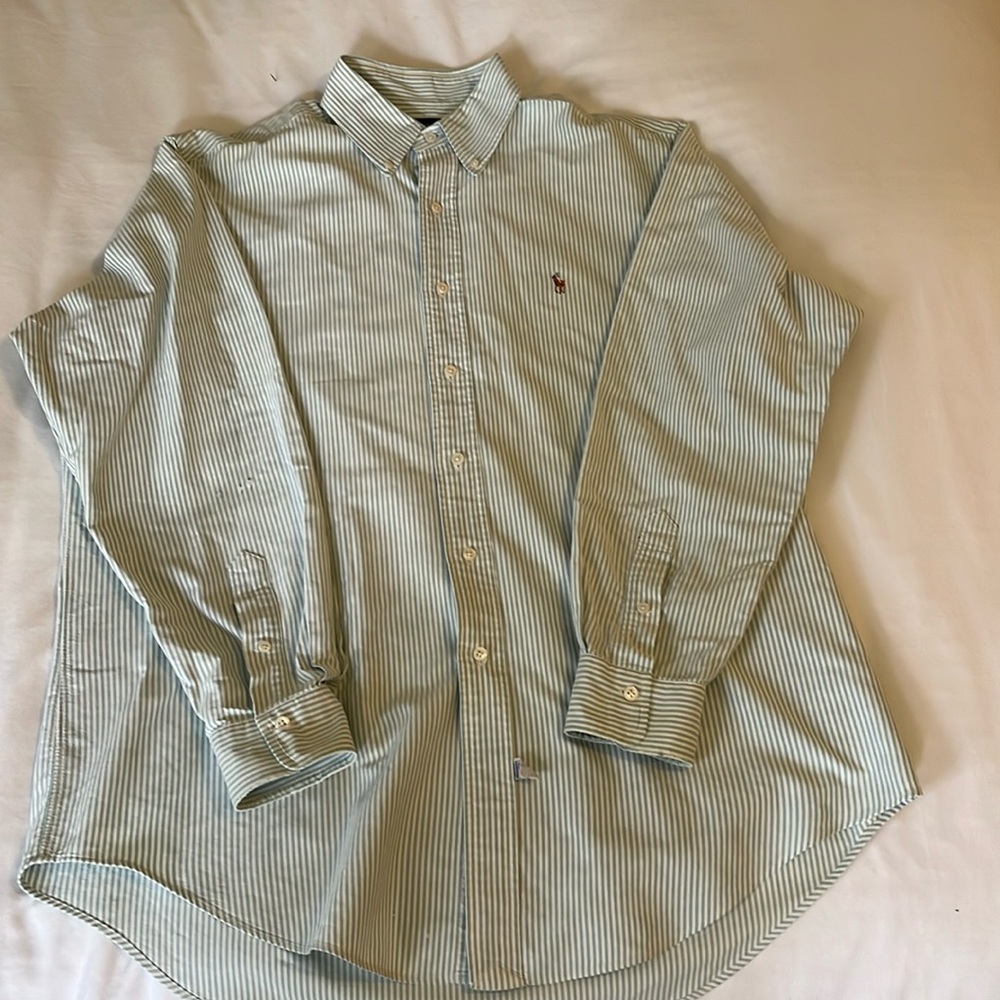 Polo Button Down green and white stripe 16 1/2 34/35